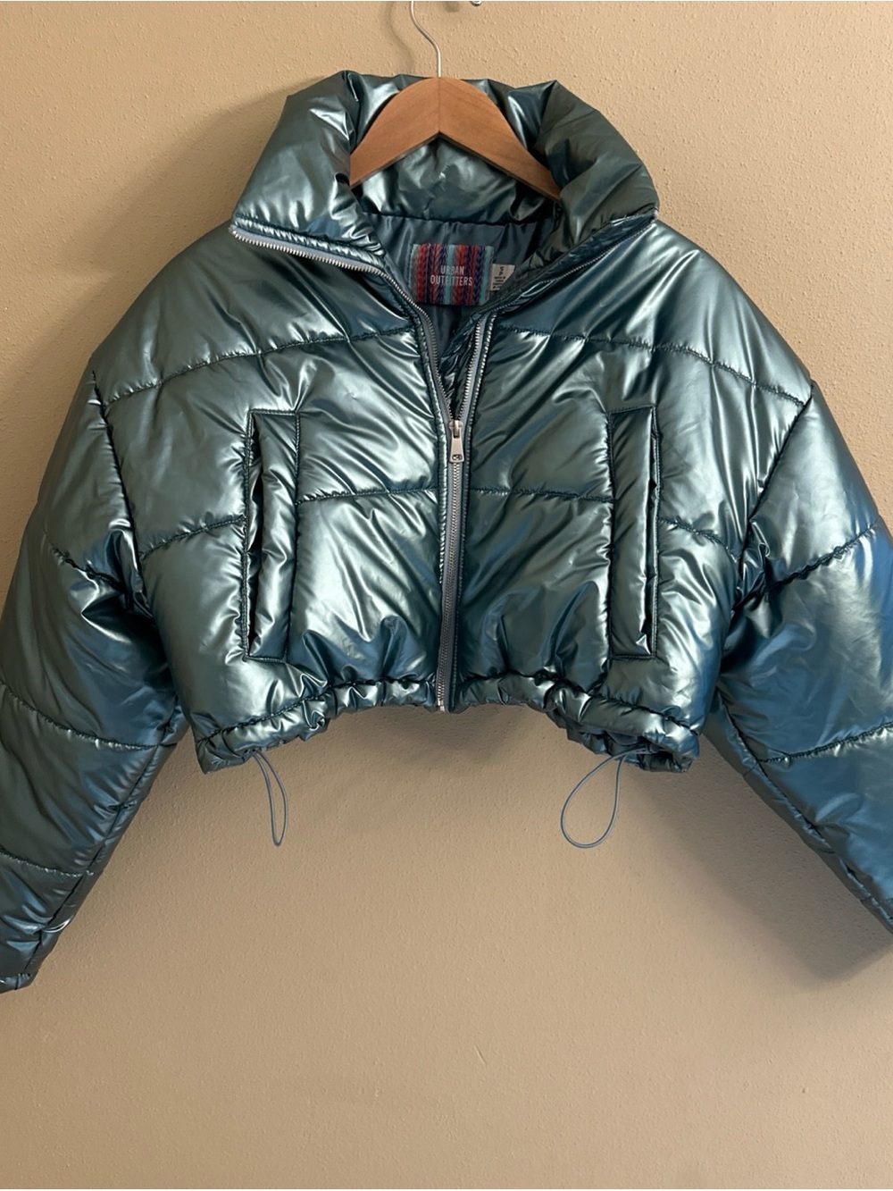 Urban Outfitters Taryn Metallic Cropped Puffer Jacket Teal Adjustable Small